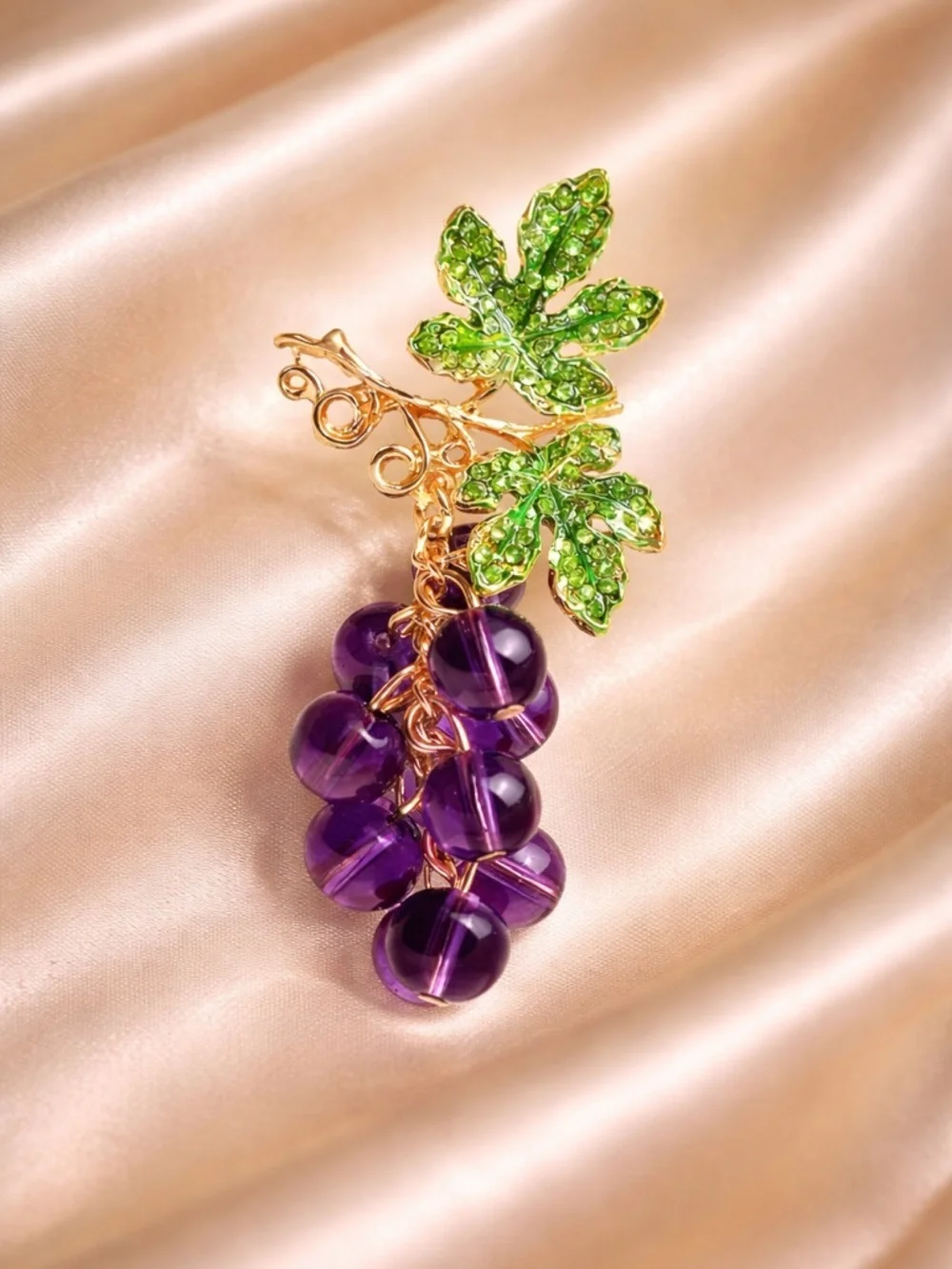Purple  Grape Bead Cluster Crystal Leaves Brooch